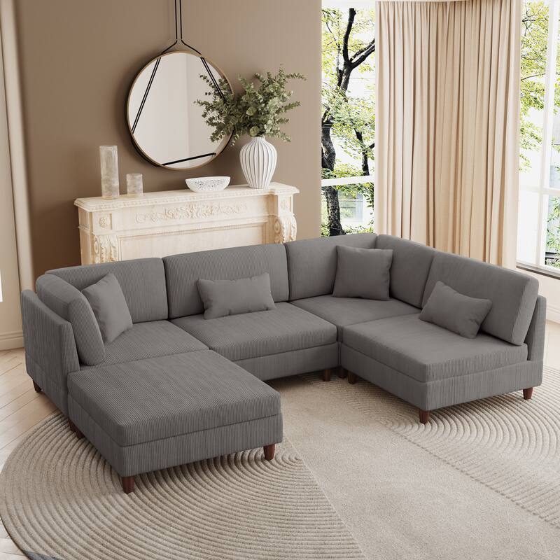 Corduroy Convertible Couch Modular Sectional Sofa with Ottoman