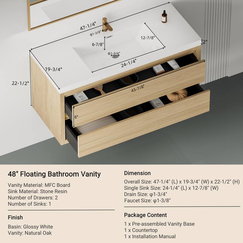 GDFStudio - Maxwell Floating Bathroom Vanity with Stone Resin Countertop & Soft-Close Drawers