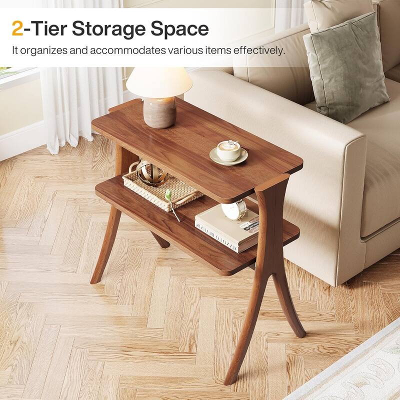 25.2"Narrow Side Table -2-Tier Small Farmhouse End Table with Solid Wood Legs, Space-Saving Furniture with Storage Shelf