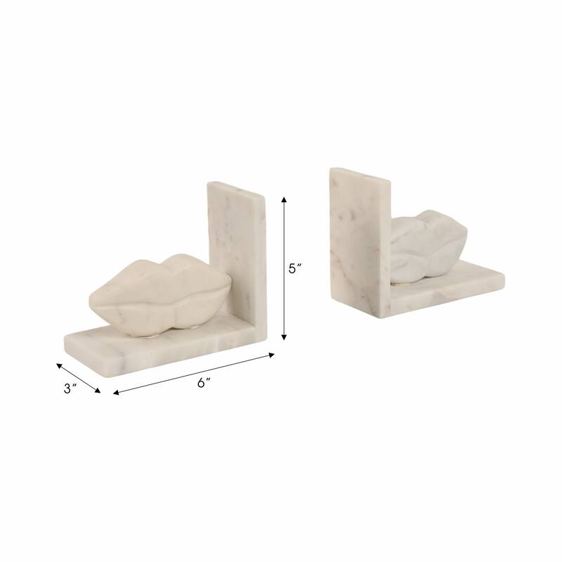 Modern Marble Lips on Base Decorative Bookends - Set of 2, 6", White - 6.0"