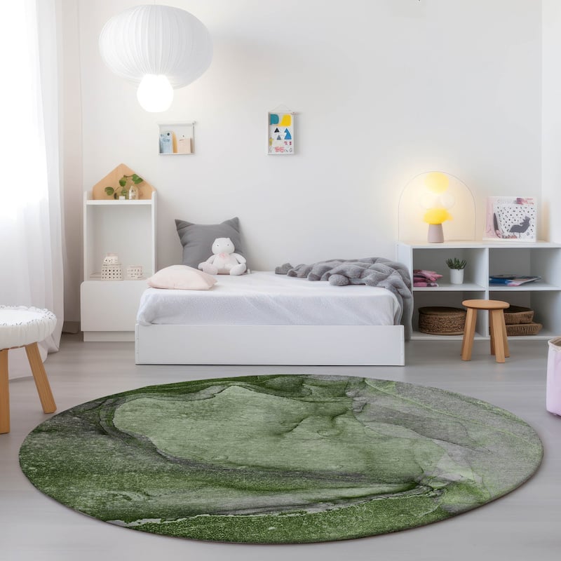 Machine Washable Indoor/ Outdoor Abstract Chantille Rug - Olive - 8' x 8'