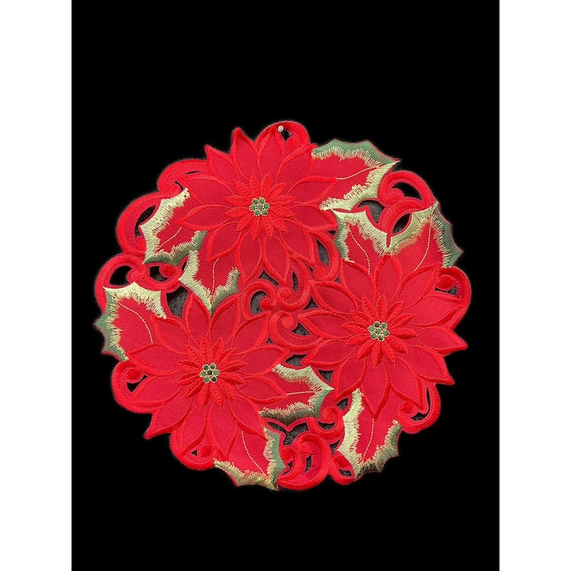 Poinsettia and Green Leaf Embroidered Cutwork Round Placemat, 15-Inch diameter