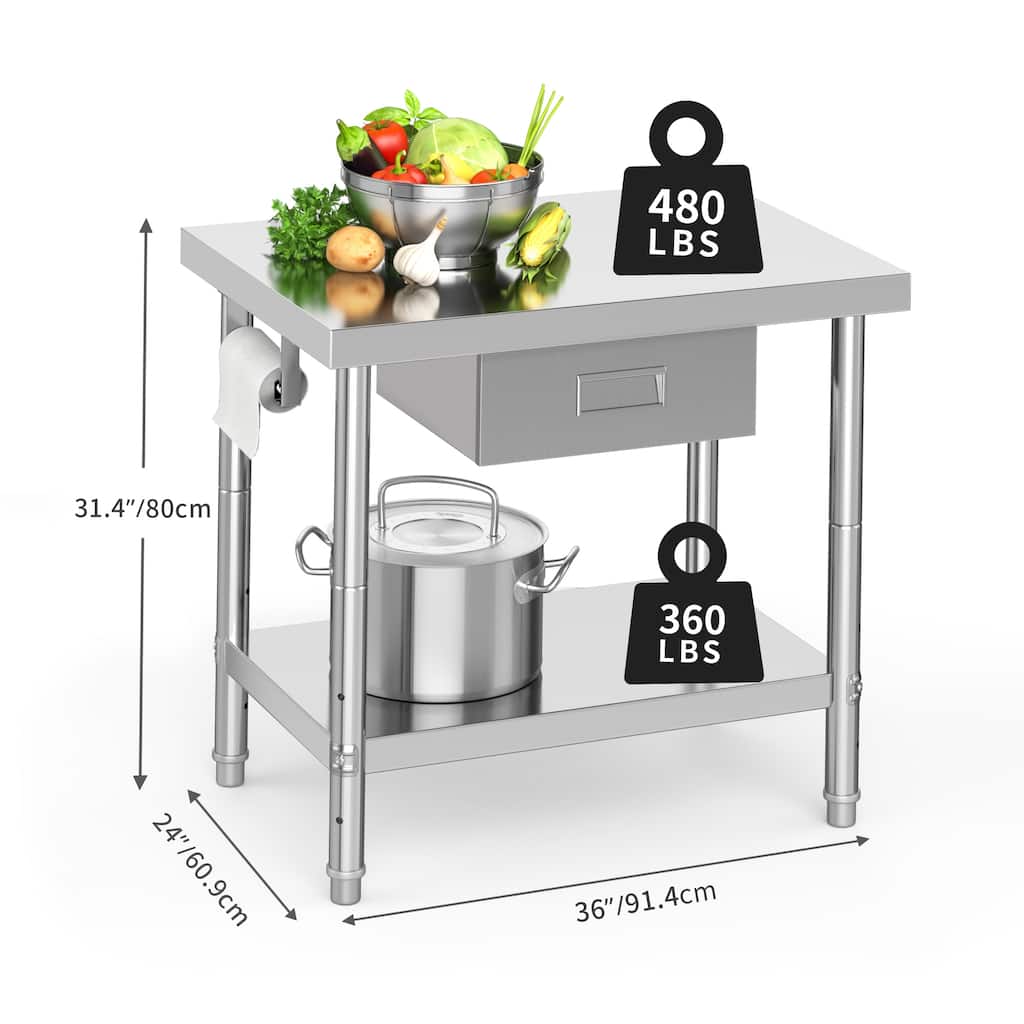 36" × 24" Stainless Steel Table with Paper Towel Holder and Drawer