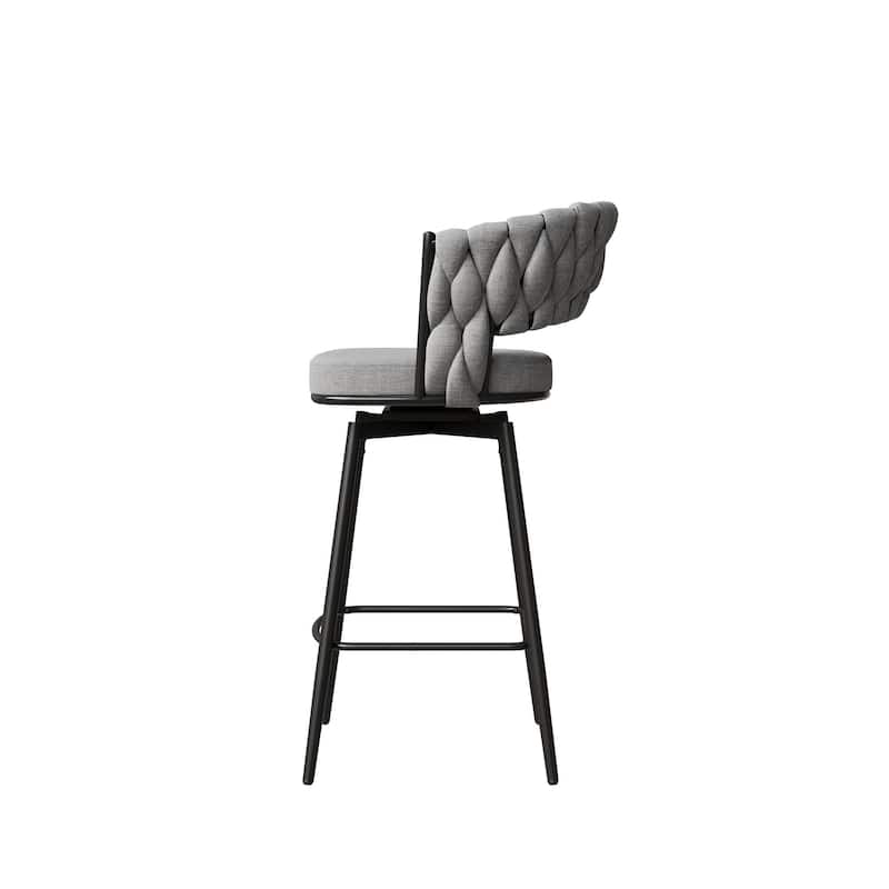 360° Swivel Bar Chairs Set of 2, with Upholstered Woven Backrest, Pub Chairs wMetal Leg Footrest Bar Chairs Bar Seating