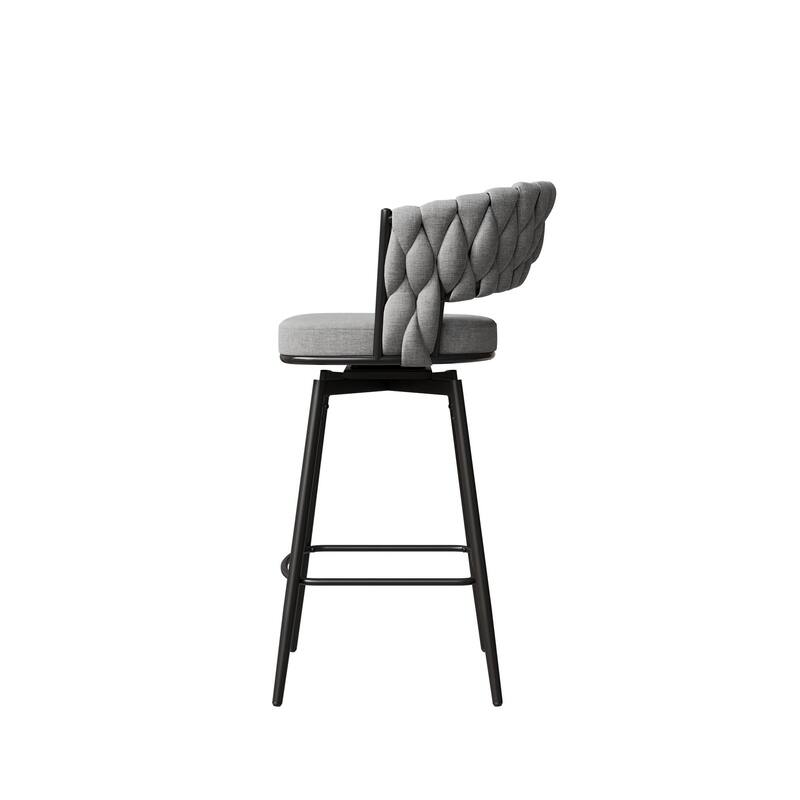 Swivel Bar Stools Set of 2, Upholstered Kitchen Island Chair with Woven Back, Counter Height Chair with Footrest