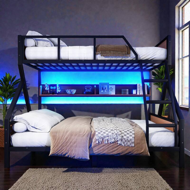 Metal Bunk Bed with Storage Shelves and LED Lights, Space Saving Noise Free Bunk Bed Frame with Guardrails - Black - King