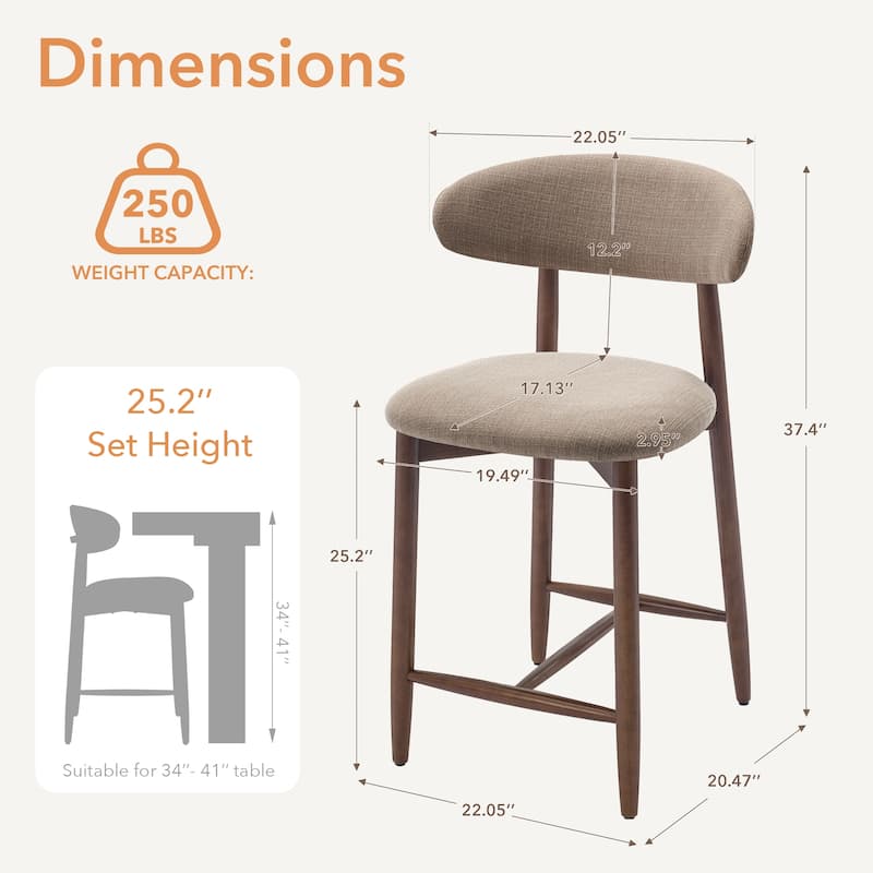 Mid-Century Modern Upholstered Bar Stools with Backrest - Solid Wood Legs Counter Height Stools
