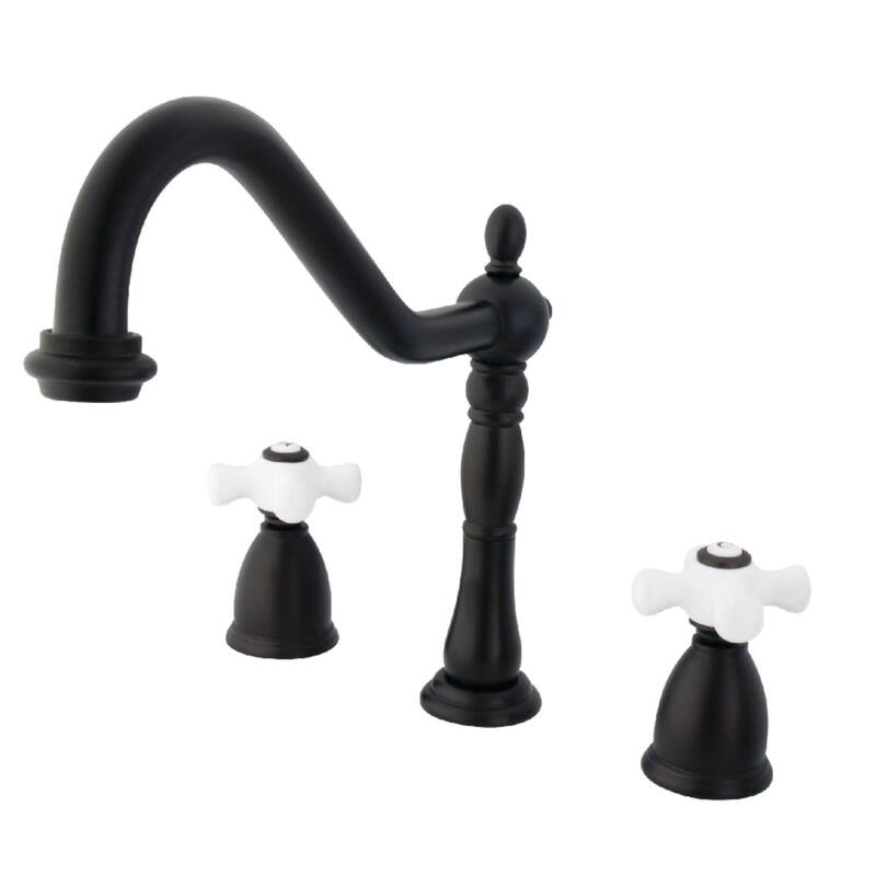 Kingston Brass Heritage Widespread Kitchen Faucet with Porcelain Cross - Oil Rubbed Bronze