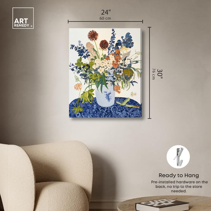 Dahlia Dream in Delft Blue Canvas by Art Remedy, Gallery Wrapped