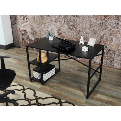 47" Wooden Top 2 Shelves Writing and Computer Desk with Black Metal Frame for Home Office, Black