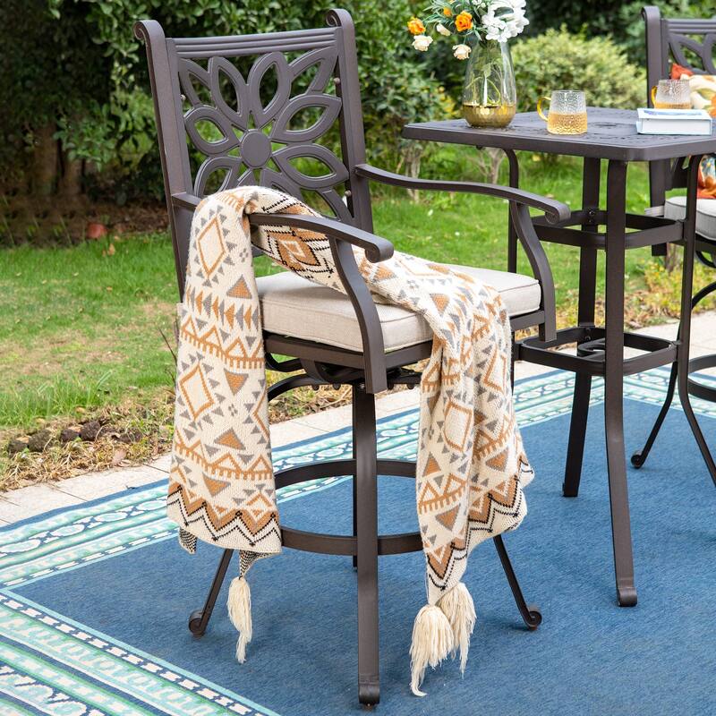 MAISON ARTS 3-Piece Cast Aluminum Patio Bar Stool Set of 1 Bar Table & 2 Swivel High Bar Stools