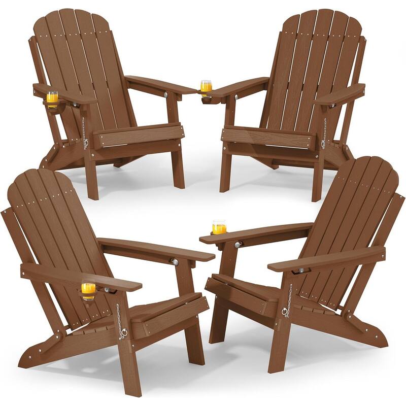 WINSOON Outdoor All-Weather HDPE Folding Adirondack Chair with Cup Holder & Adjustable Back Set of 4 - Teak