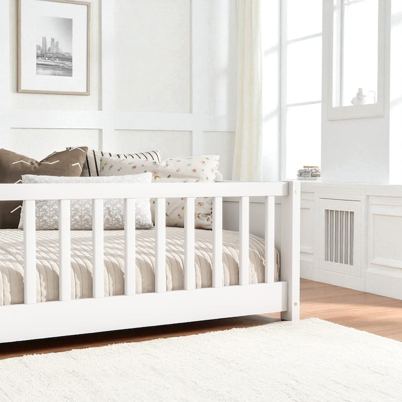 Twin Size Floor Platform Bed with Fence Rail and Built-in Book Rack, Wood Slat Support
