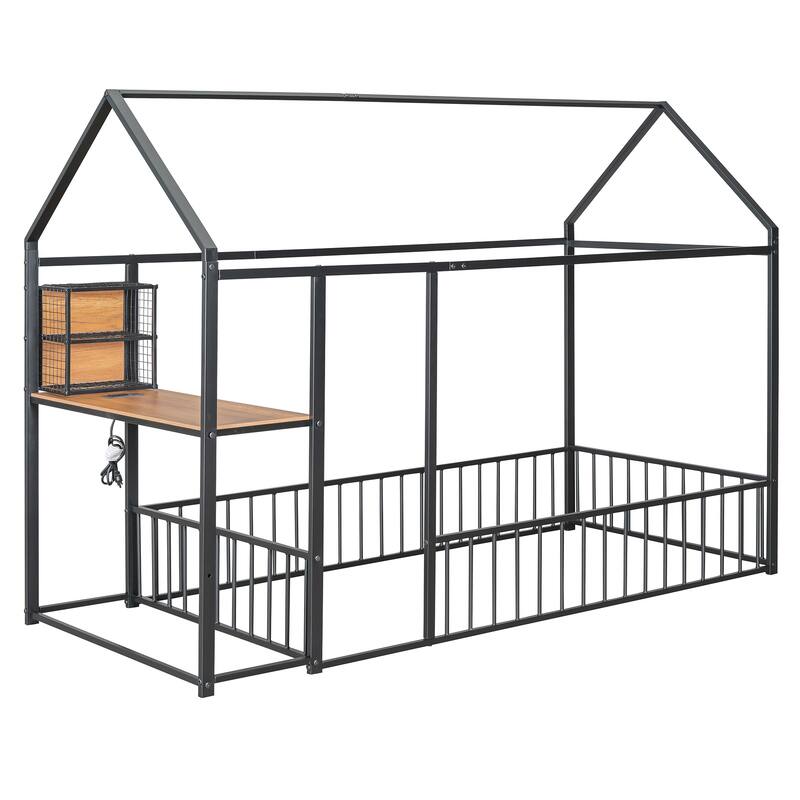 Twin Size Metal Bed House Bed Frame with Desk, Shelves, Power Outlets and USB Ports, White