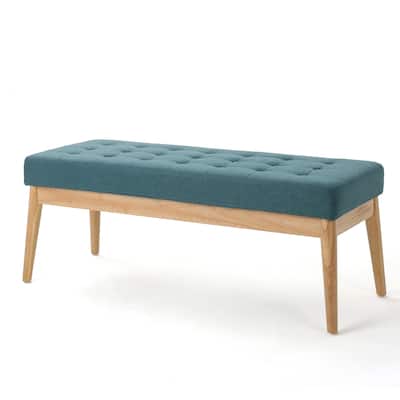 Gisa Ottoman Bench, Teal Blue Fabric Tufted Seat, 44 Inch Brown Wood