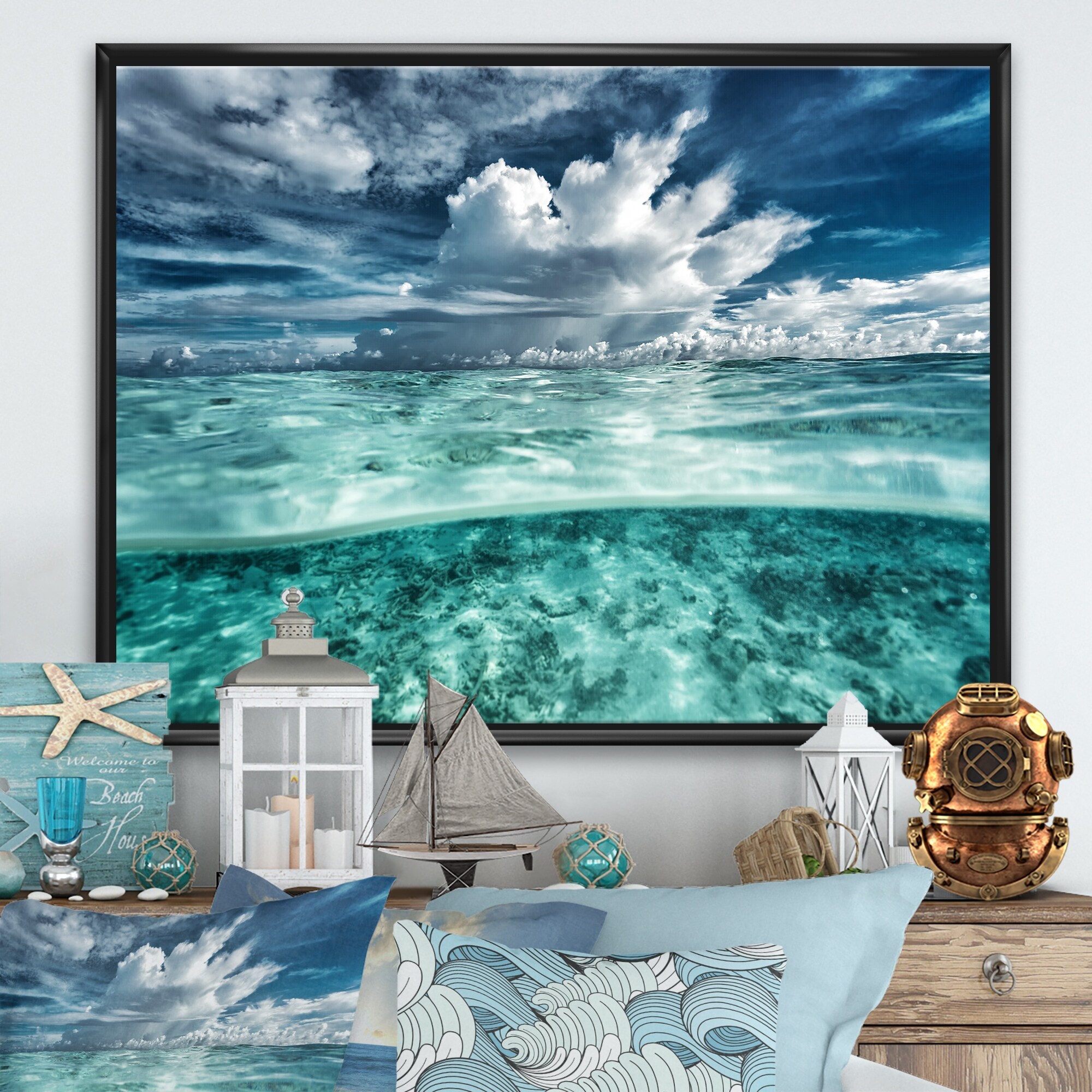 Wall Art For Living Room Large Size Wall Decorations Pictures Blue Sun Beach Grass Ocean Landscape Painting Office Wall Decor Canvas Prints Ready To H - 2