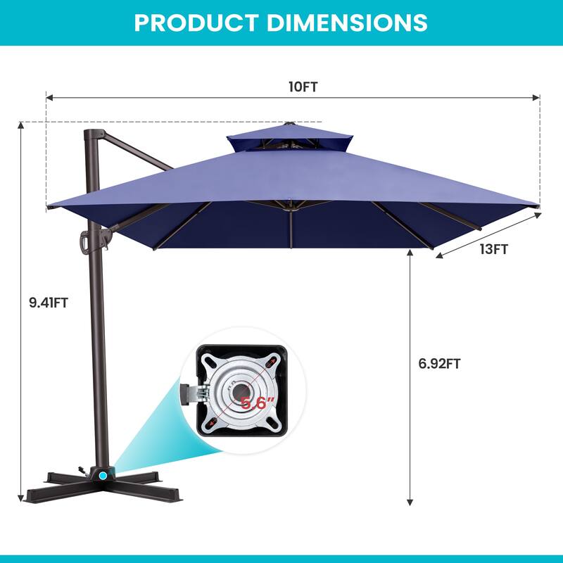 Pellebant 10X13FT Outdoor Patio Offset Umbrella 360 degrees Rotation with No Base