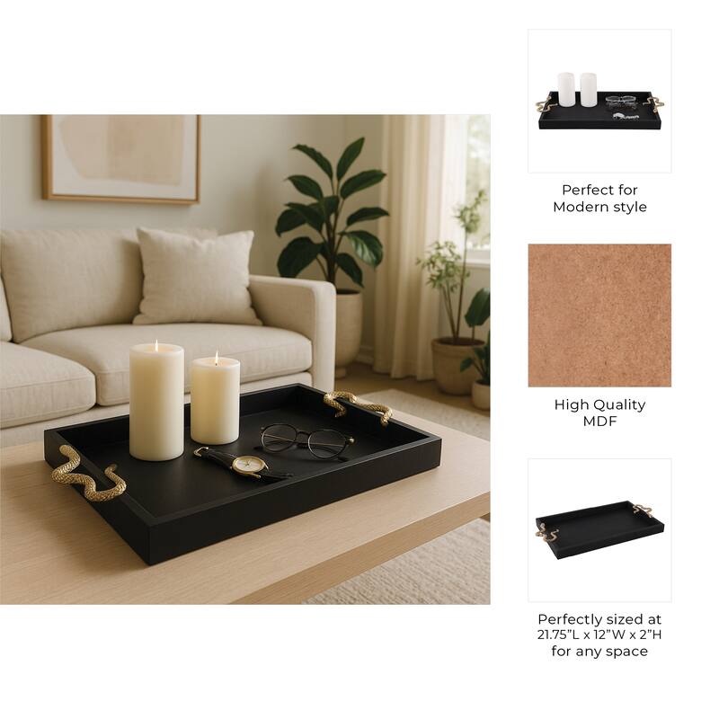 Faux Leather Snake Decorative Tray - Black/Gold, 21.75"