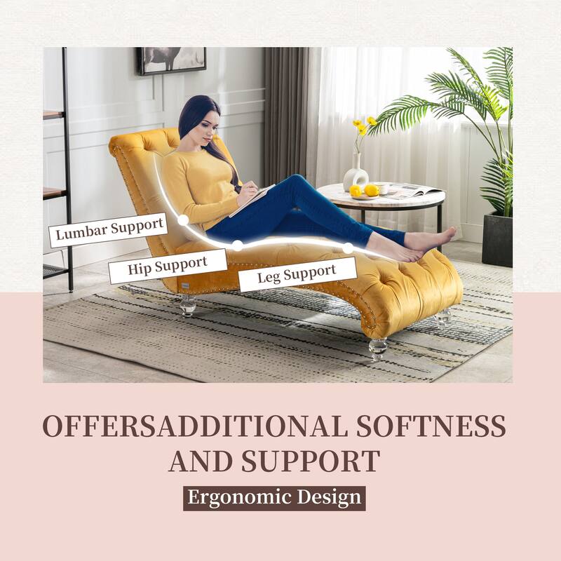 Velvet Tufted Chaise Lounge Chair Ergonomic S Shape Recliner with Pillow, Nailhead Trim and Acrylic Legs for Indoor Use