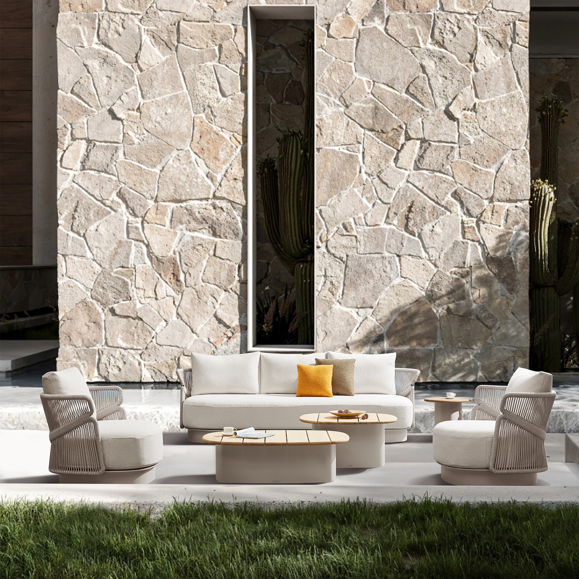 HIGOLD Aio 6-Piece Outdoor Conversation Set, Patio Teak Aluminum