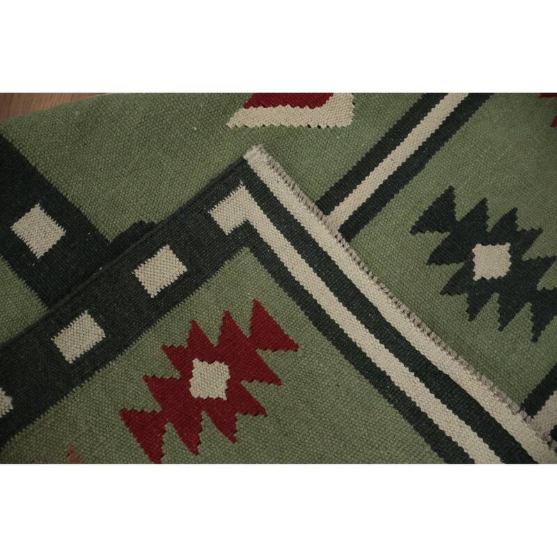 Hand Woven Oriental 100% Wool Carpet Southwestern Tribal Green Kilim Area Rug - 8' 1'' X 4' 10''