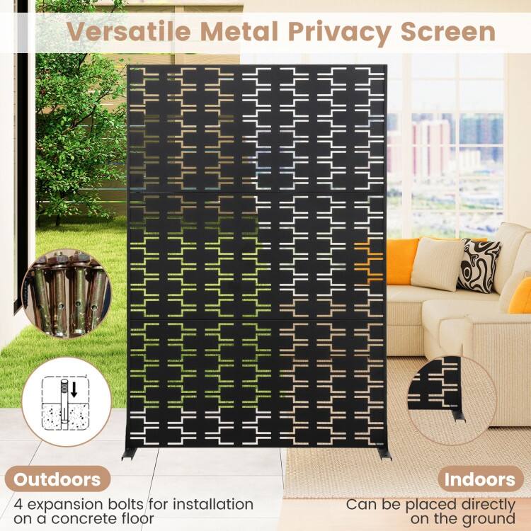 Black Metal Privacy Screen Panel with Freestanding Base and Decorative Design - 48" x 16" x 72" (L x W x H)