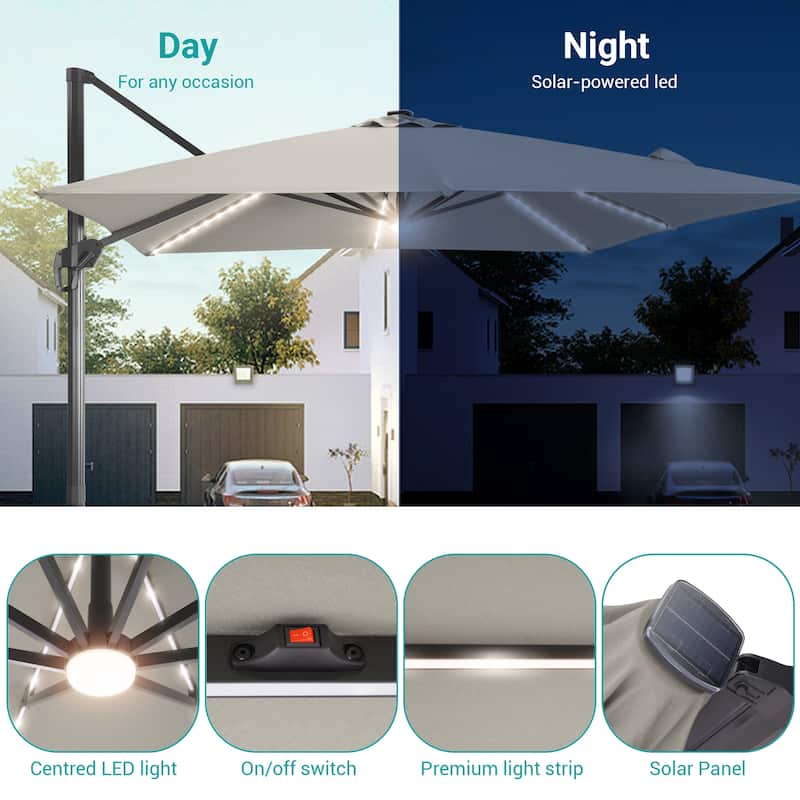 BONOSUKI 11.5x9FT LED Cantilever Patio Umbrella 360 Rotation w/Base