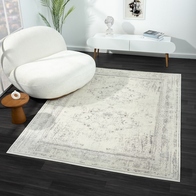 Alis Transitional Medallion Gray Washable Indoor Area Rug by Sevita