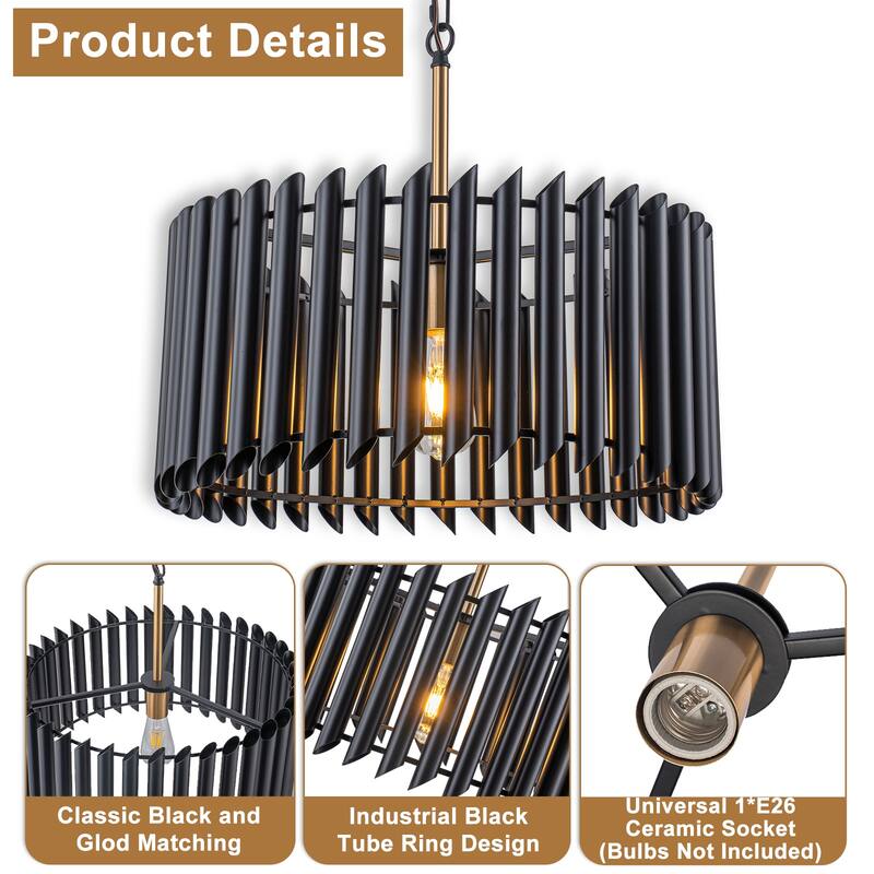 Modern Industrial Black Slatted Drum Pendant Light Fixture - Dia.19.69-in