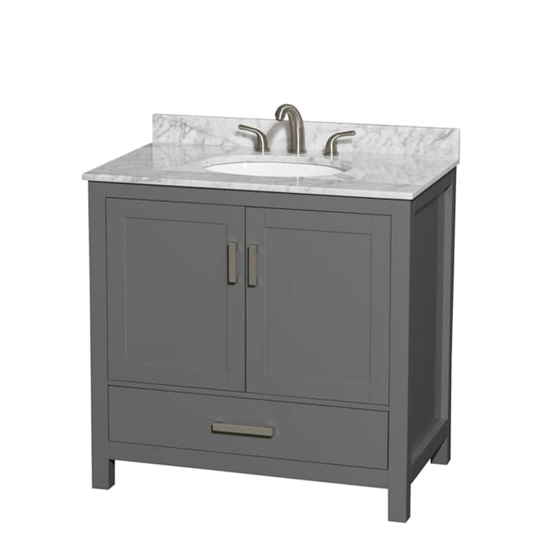 Wyndham Collection Sheffield 36" Freestanding Vanity Set with Hardwood - Dark Gray / White Carrara Marble Top / Brushed - Steel Finish