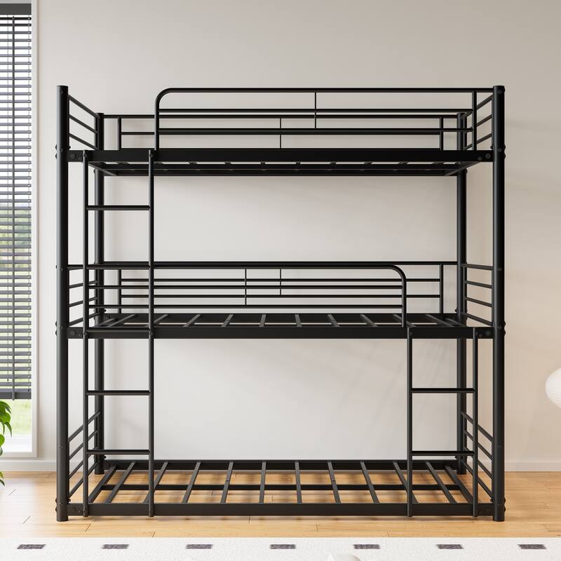 Triple Twin Bunk Beds, Twin Over Twin Over Twin Metal Bunk Bed Platform Frame, Two Attached Ladders
