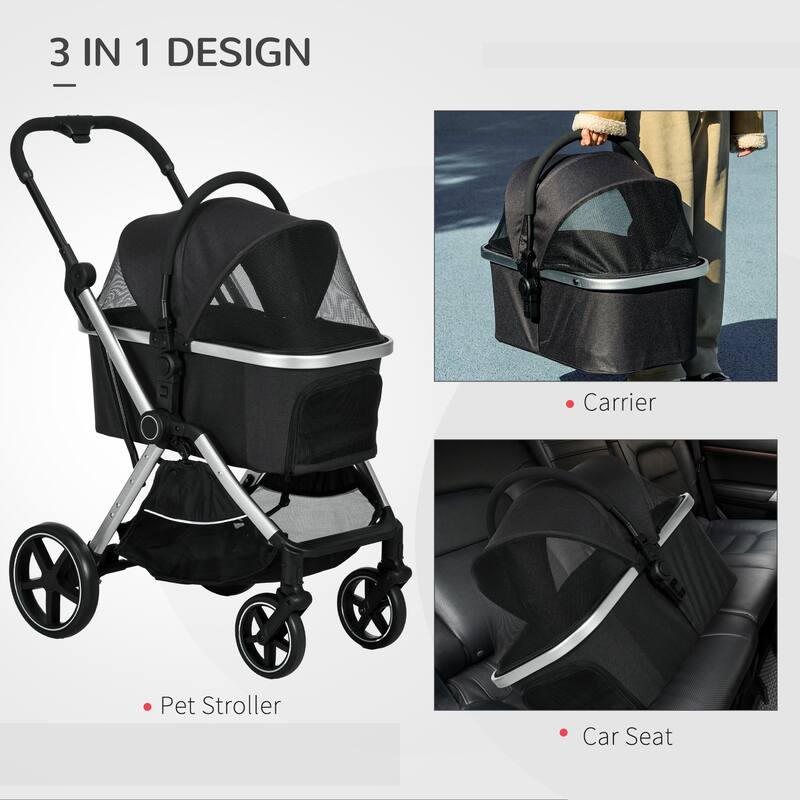 PawHut 2 in 1 Pet Stroller for Small Dogs and Cats, Folding Dog Stroller with Storage Basket, Removable Carriage