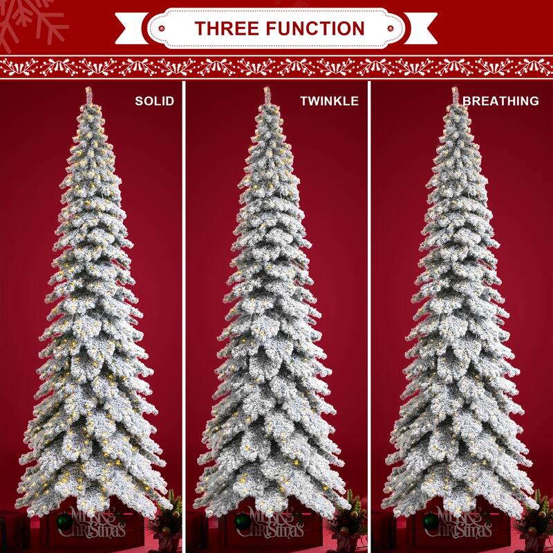 Glitzhome 12ft Pre-Lit Flocked Slim Spruce Artificial Christmas Tree with 900 Lights