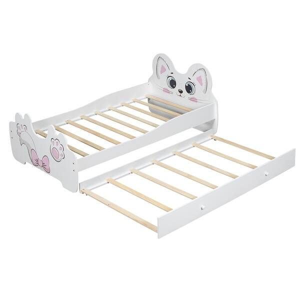 slide 2 of 8, Cartoon Twin Platform Bed with Trundle & Cute Headboard, Wooden Bed Frame, No Box Spring Required/Easy Assembly Antique White