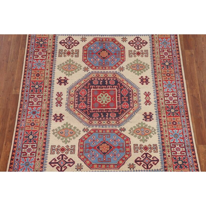Traditional Beige Kazak Area Rug Handmade Oriental Wool Carpet - 4'11" x 6'7"