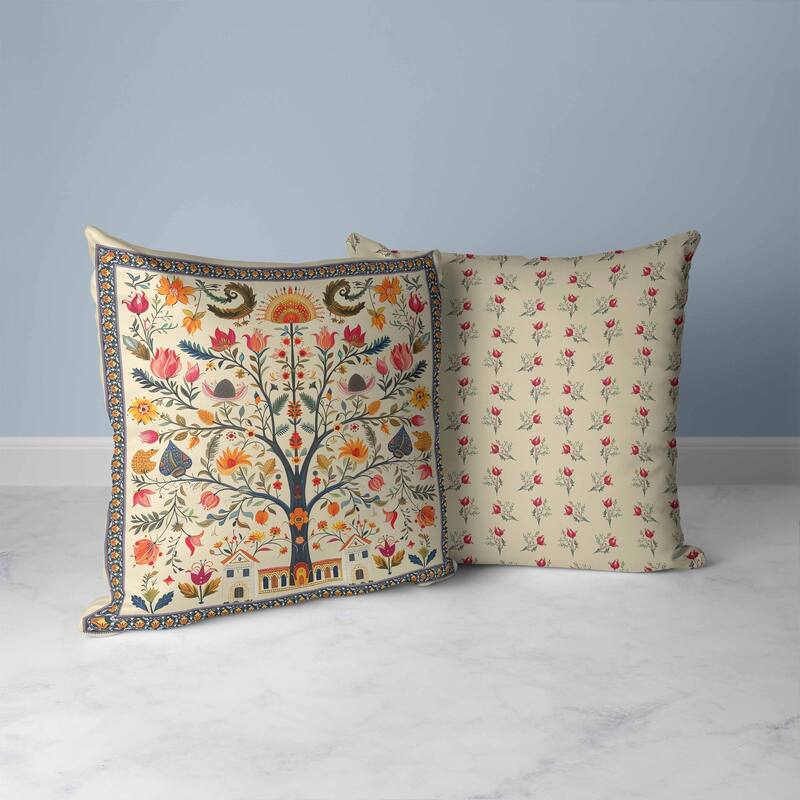 Indian Folk Art Tree Faux Suede Reversible Throw Pillow Beige and Orange