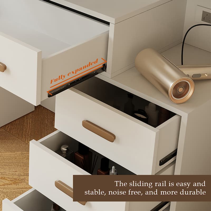 XINMICS Makeup Vanity Dressing Table, Vanity Desk with Mirror and Lights and Charging Station with 7 Drawers & 3 Cabinets