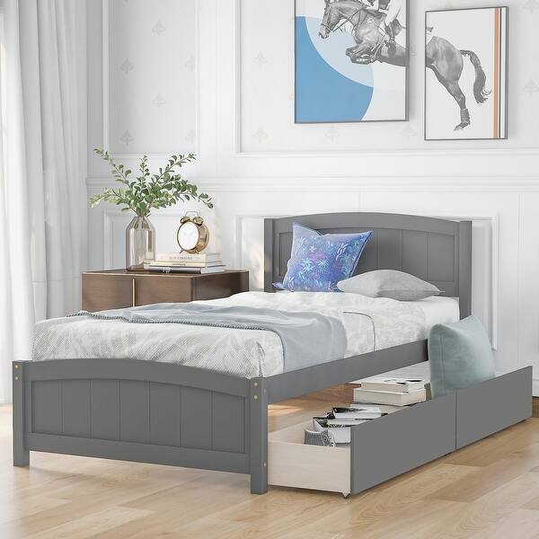 slide 2 of 8, Twin Size Platform Bed with Built-In Storage Drawers Solid Wood Frame with Slatted Support Gray
