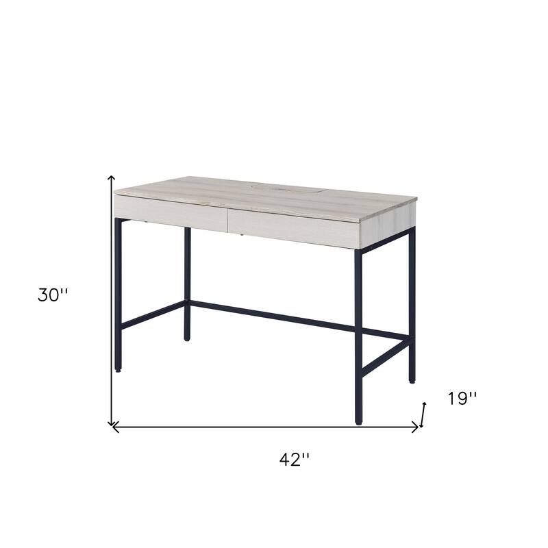 42" Modern Wooden Reversible Natural Writing Desk with Storage Drawers and Black Metal Frame for Workspaces