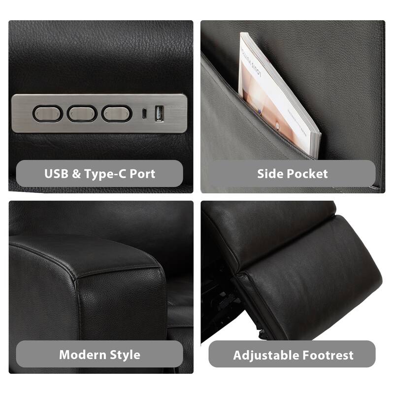 Genuine Leather Power Reclining 4-Seat Sofa For Living Room with Console, USB Port, Adjustable Headrest