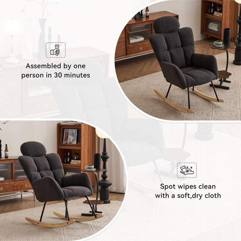 Teddy Fabric Upholstered Nursery Rocking Glider Chair Modern Accent Armchair Padded Seat with High Backrest and Pillow