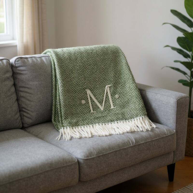 HomeRoots 55" X 70" Moss Green And White Herringbone Cotton Blend M Initial Throw Blanket with Tassels And Embroidery - Throw - Moss Green/White
