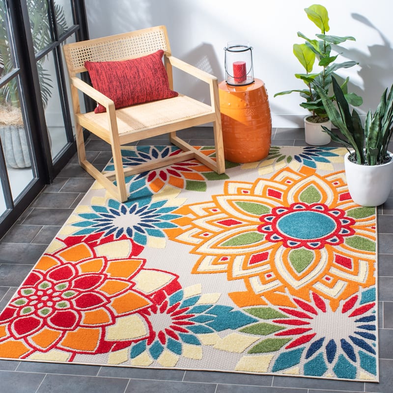 SAFAVIEH Cabana Elvezia Indoor/ Outdoor Waterproof Patio Floral Rug - 6'7" x 9' - Ivory/Orange