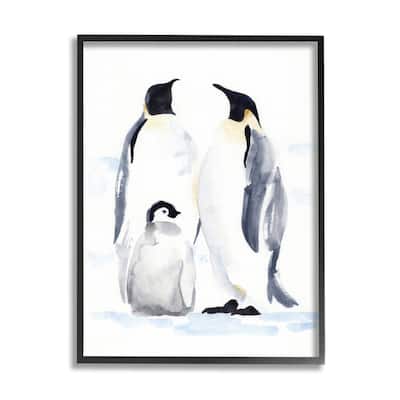 Stupell Winter Penguin Bird Family Soft Watercolor Arctic Animals Framed Wall Art - Blue