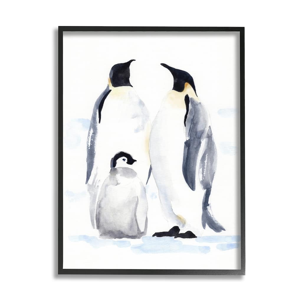 Stupell Winter Penguin Bird Family Soft Watercolor Arctic Animals Framed Wall Art - Blue