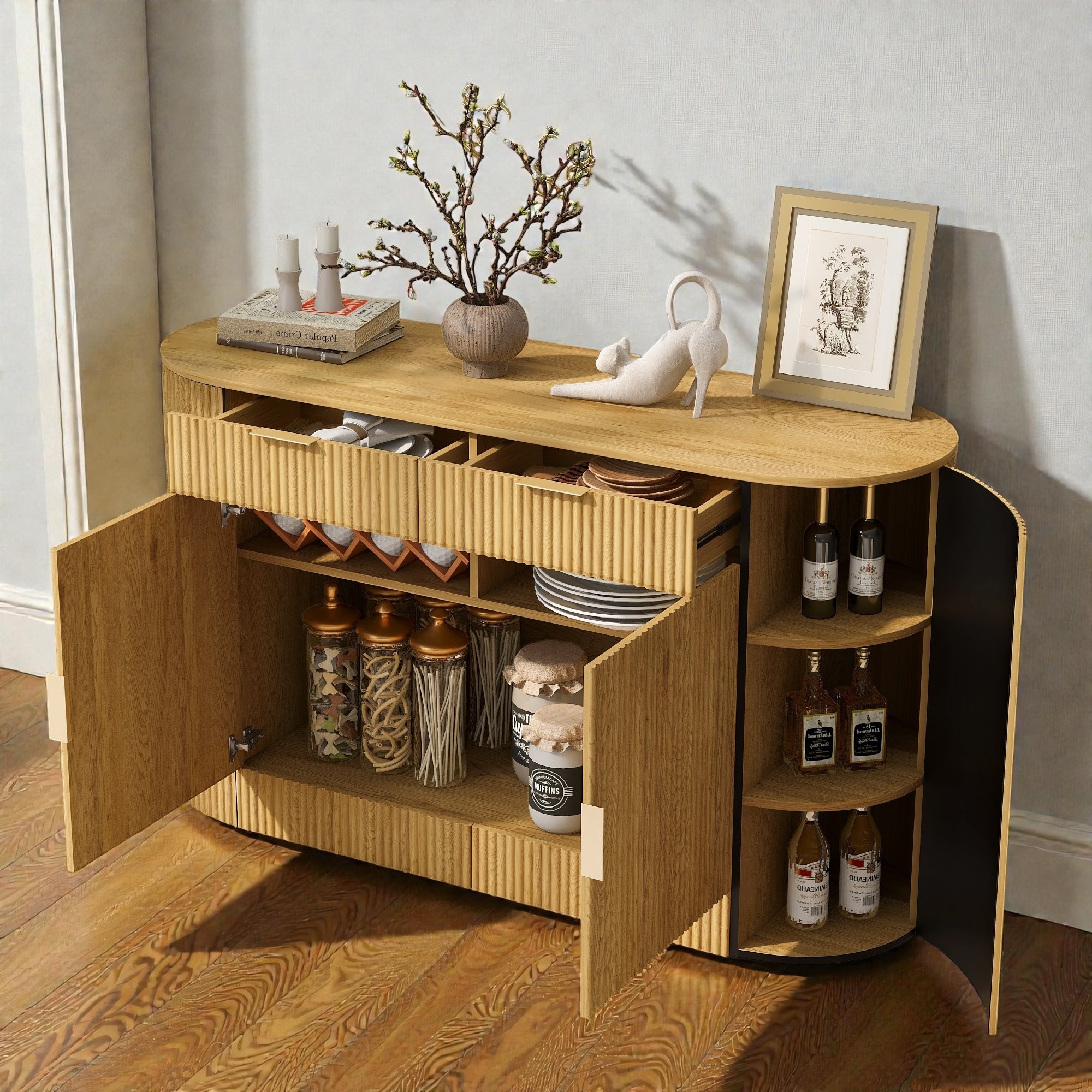 55" Stripe Door Storage Cabinet with 2 Doors, Sideboard Buffet Cabinet, 2 Drawers and 3-Tier Side Shelves, Entryway Cabinet