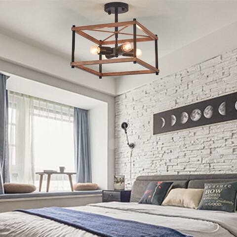 Wooden Rustic Simple Square Farmhouse Ceiling Light - W12.6''xH11.5''