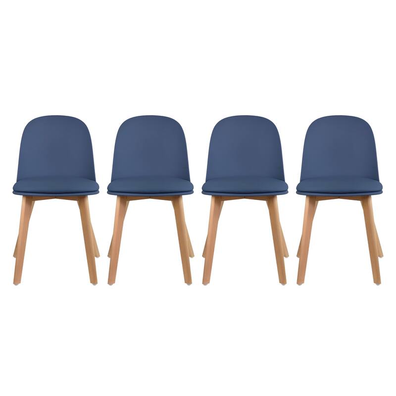 Set of 4 Plastic Dining Chairs Padded Cushion Faux Leather Wooden Legs For Kitchen Waiting Room Outdoor Party - Blue