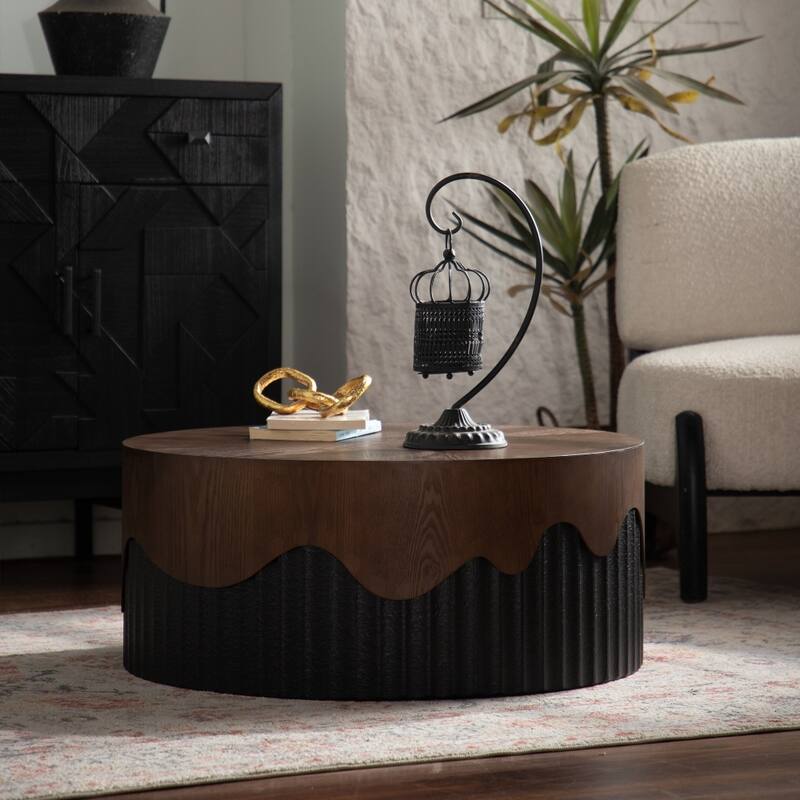 Handcrafted Relief Sturdy Circular Coffee Table Wooden Tea Table for Living Room