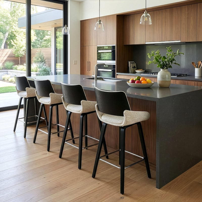 Bea White Two-Toned Linen Fabric Counter Stool with Black Wood Legs